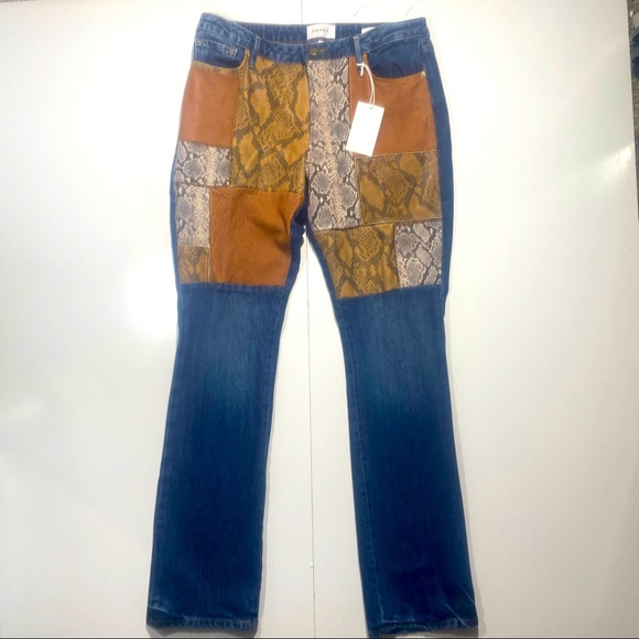 Frame Le Mini Boot Leather Patchwork Snake Print Mid Rise Jeans NWT Size 30 - Picture 3 of 16